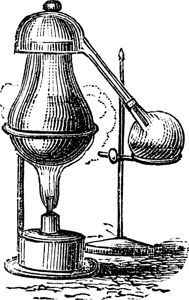 Old antique illustration of Alembic distillation.